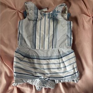 Janie and Jack Blue & White Striped Romper with Floral Embroidery